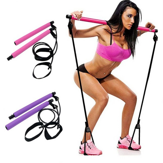 Fitness resistance band with detachable cord, in pink and purple, ideal for strength training and toning.