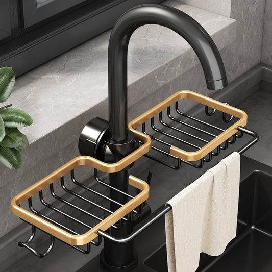 Kitchen Storage Faucet Rack in black and gold with towel bar, modern style.