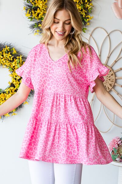 Heimish Full Size Leopard Ruffle Trim Short Sleeve Top in pink with playful ruffle sleeves.