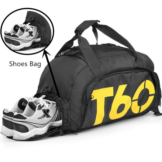 Waterproof sports fitness bag with large compartments, durable design, and shoe storage.