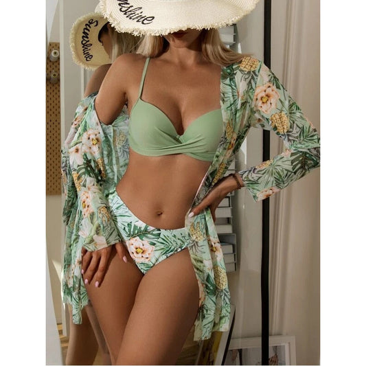 Floral print sexy bikinis and cover set featuring high waisted bottoms and strappy halter neck top.