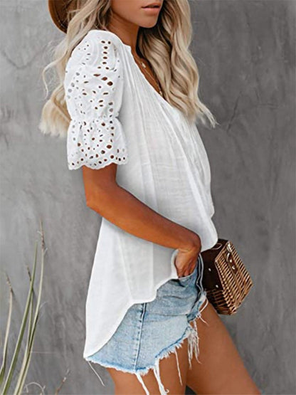 Shirt with Lace and V-neck Emily, stylish and versatile, eco-friendly polyester, short sleeve design.