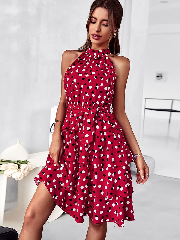 Sleeveless red polka dot dress with layered skirt, Melissa Poá Short Dress.