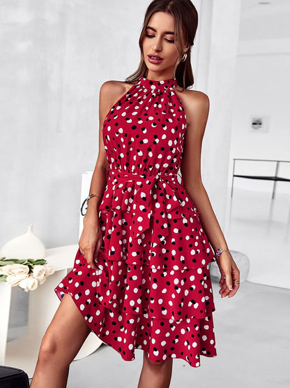 Sleeveless red polka dot dress with layered skirt, Melissa Poá Short Dress.