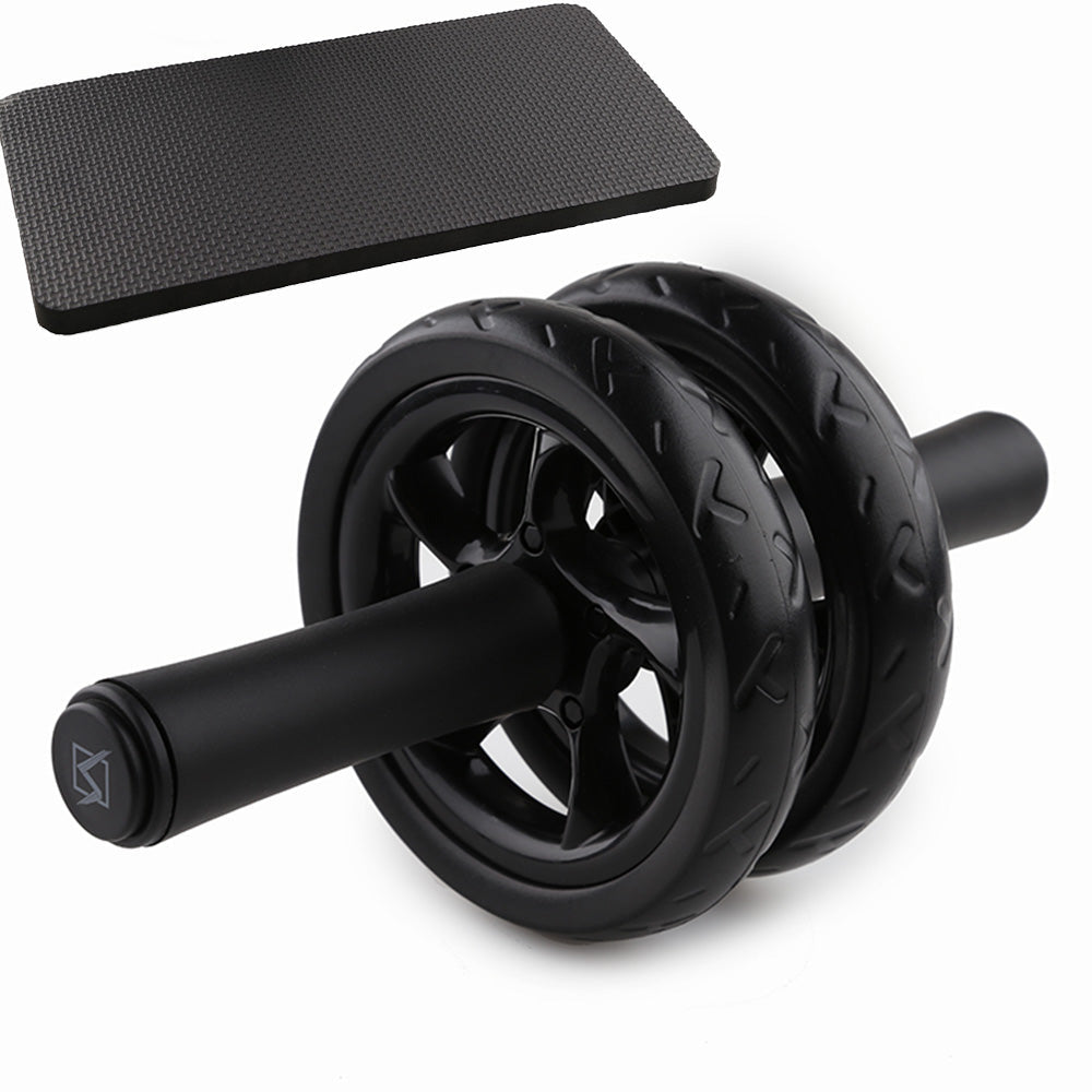 Abdominal wheel roller with mat, durable lightweight design, non-slip handles, dual wheels for stability.