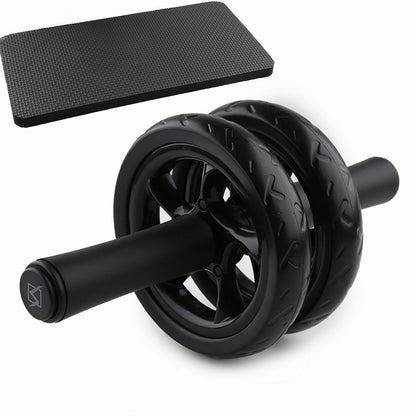 Abdominal wheel roller with mat, durable lightweight design, non-slip handles, dual wheels for stability.