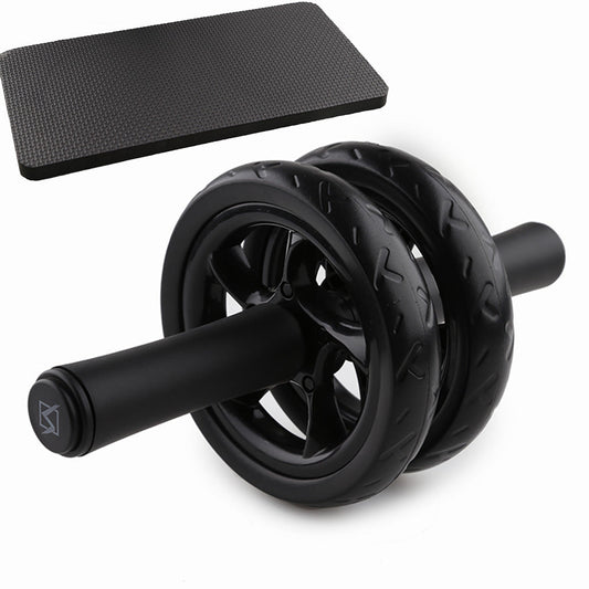 Abdominal wheel roller with mat, durable lightweight design, non-slip handles, dual wheels for stability.